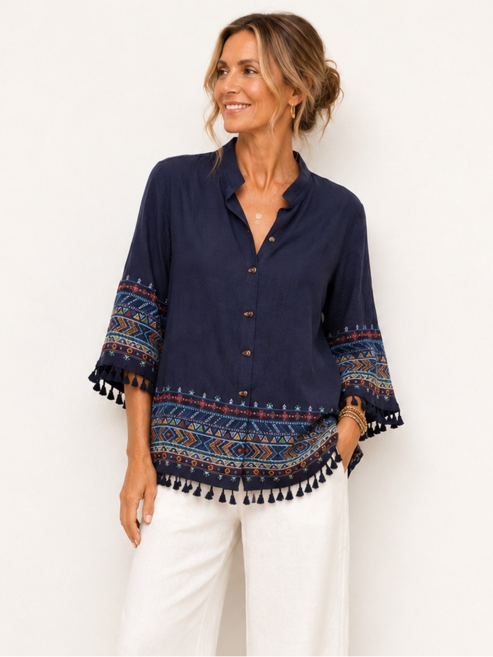 John Mark Geometric Embroidered Woven Wire Collar 3/4 Sleeve Tassel Tunic